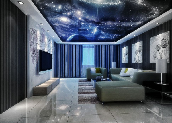 Пример натяжного потолка звёздное небо в гостиную